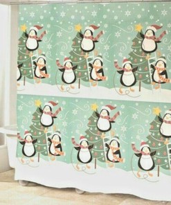 Festive Holiday Penguins And Trees Christmas Fabric Shower Curtain - Avantis