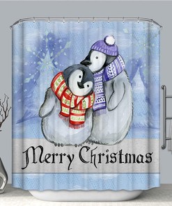 Festive Merry Christmas Penguin Shower Curtain With Watercolor Print For Holiday Bathroom Decor