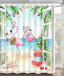 Festive Pink Flamingo Christmas Shower Curtain with Watercolor Tropical Scene