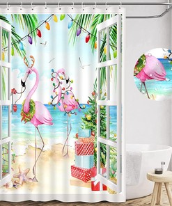 Festive Pink Flamingo Christmas Shower Curtain with Watercolor Tropical Scene