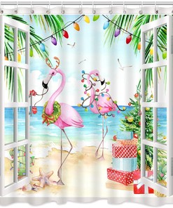 Festive Pink Flamingo Christmas Shower Curtain with Watercolor Tropical Scene