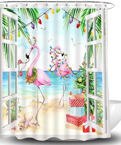 Festive Pink Flamingo Christmas Shower Curtain with Watercolor Tropical Scene