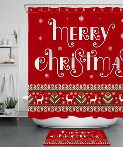 Festive Red Background Tree Elk Merry Christmas Shower Curtain for Bathroom Decor