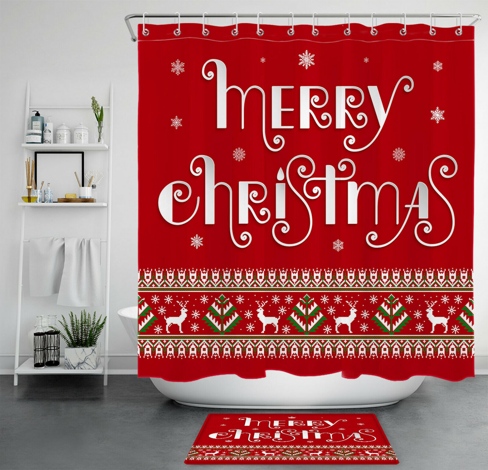 Festive Red Background Tree Elk Merry Christmas Shower Curtain for Bathroom Decor