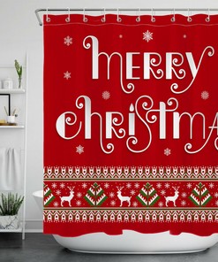 Festive Red Background Tree Elk Merry Christmas Shower Curtain for Bathroom Decor