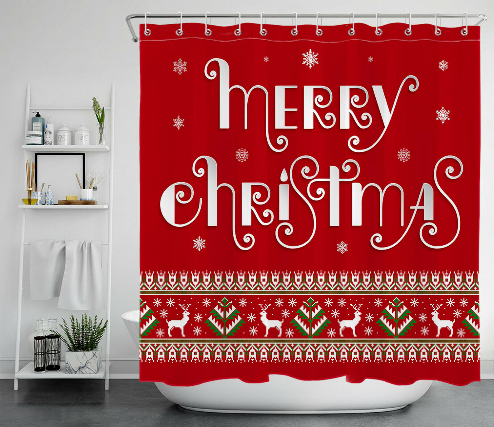 Festive Red Background Tree Elk Merry Christmas Shower Curtain for Bathroom Decor
