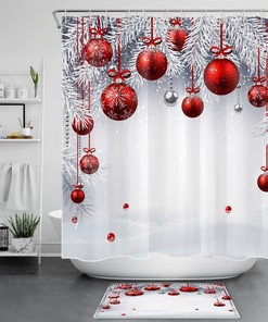 Festive Red Snowflake Pine Branch Christmas Shower Curtain