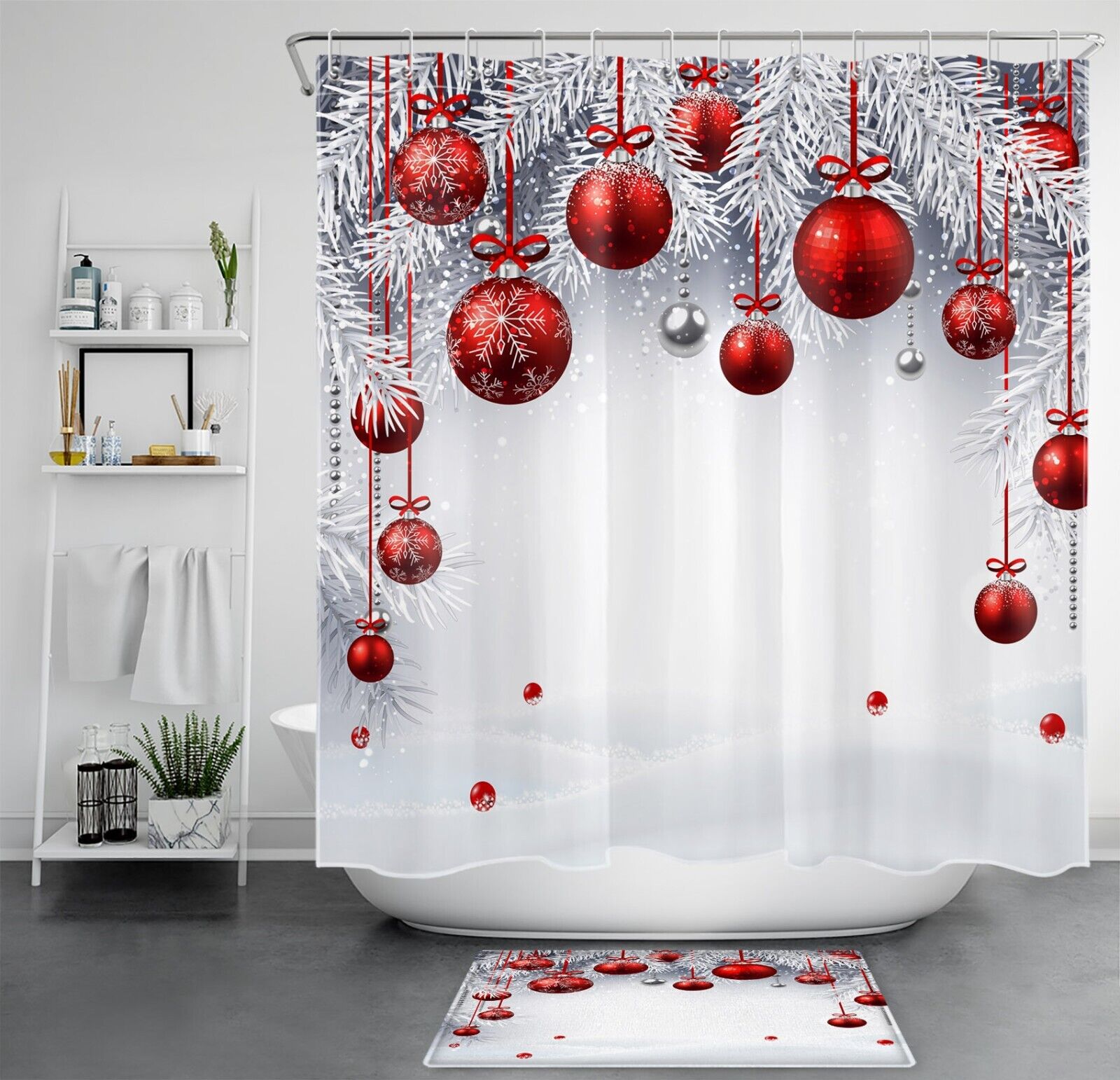 Festive Red Snowflake Pine Branch Christmas Shower Curtain