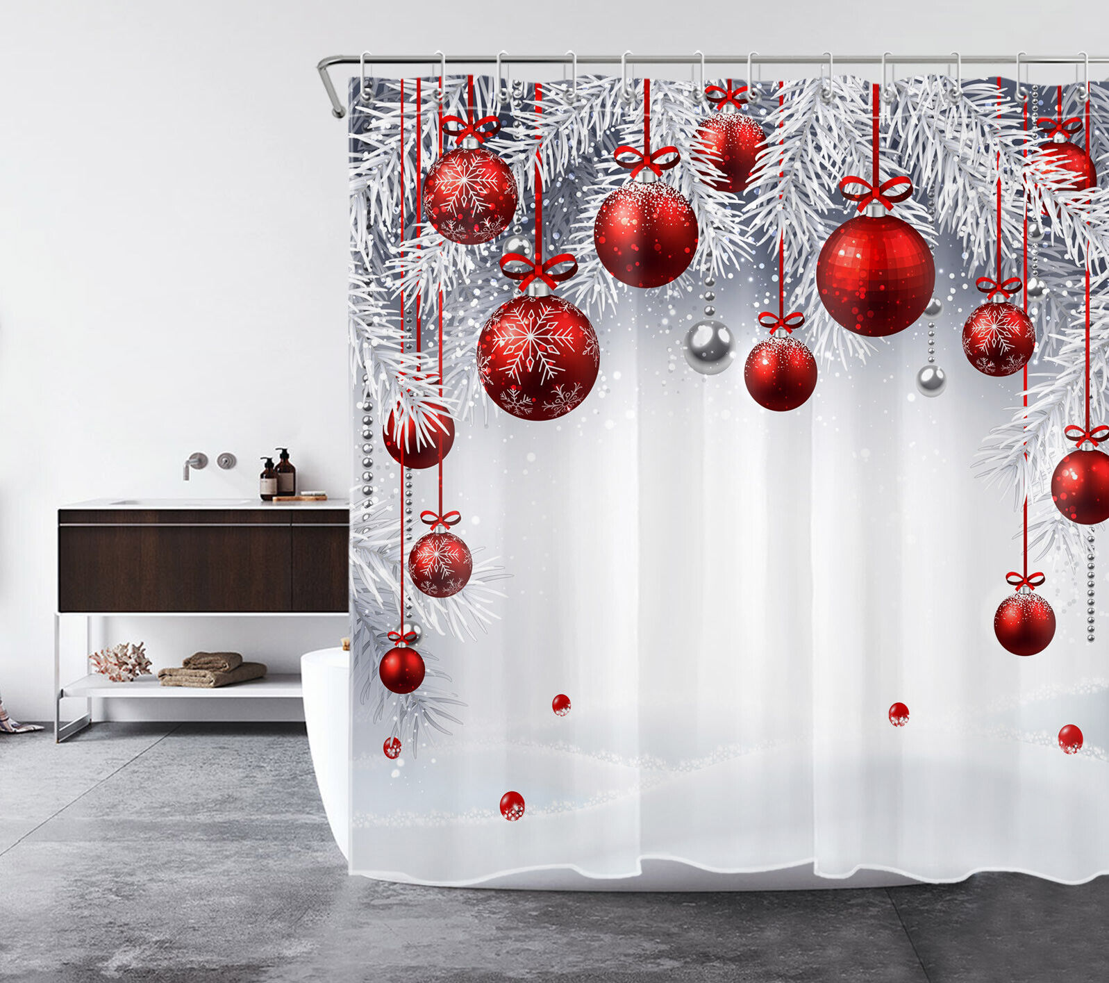 Festive Red Snowflake Pine Branch Christmas Shower Curtain