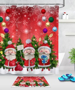 Festive Santa Fir Trees And Baubles Shower Curtain - Snowflake Bathroom Decor