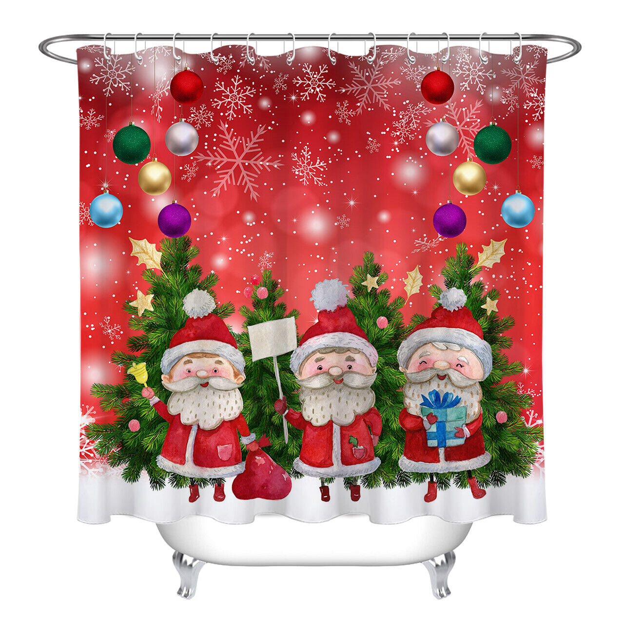 Festive Santa Fir Trees And Baubles Shower Curtain - Snowflake Bathroom Decor - Image 2