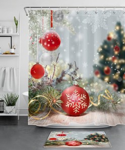Festive Silver Christmas Ball and Snowflake Print Shower Curtain Bathroom Decor