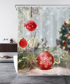 Festive Silver Christmas Ball and Snowflake Print Shower Curtain Bathroom Decor