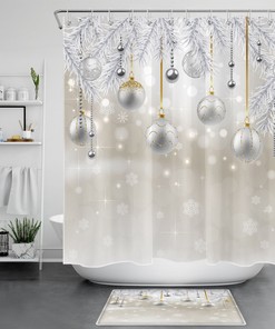 Festive Silver Christmas Ball and Snowflake Print Shower Curtain for Bathroom Decor