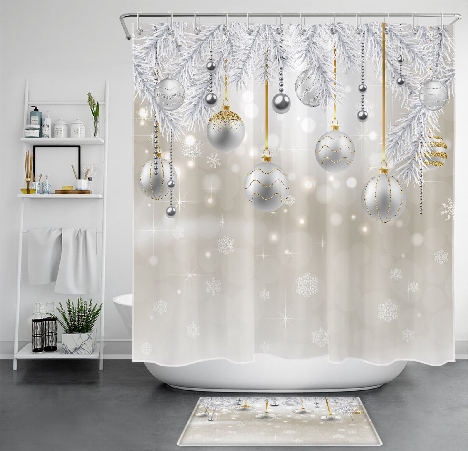 Festive Silver Christmas Ball and Snowflake Print Shower Curtain for Bathroom Decor