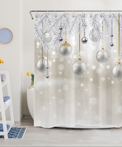 Festive Silver Christmas Ball and Snowflake Print Shower Curtain for Bathroom Decor