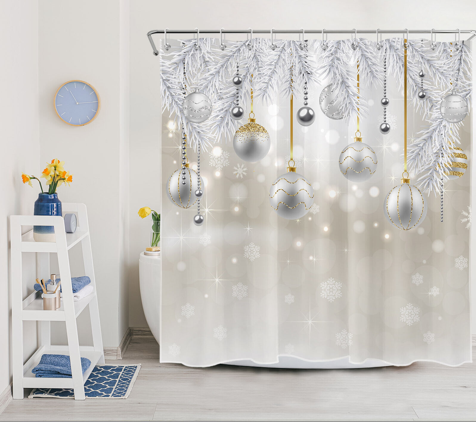 Festive Silver Christmas Ball and Snowflake Print Shower Curtain for Bathroom Decor