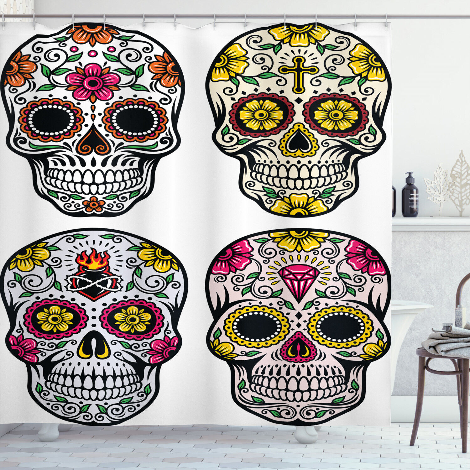 Festive Skull Celebration Shower Curtain Print In Black For Bathroom Decoration
