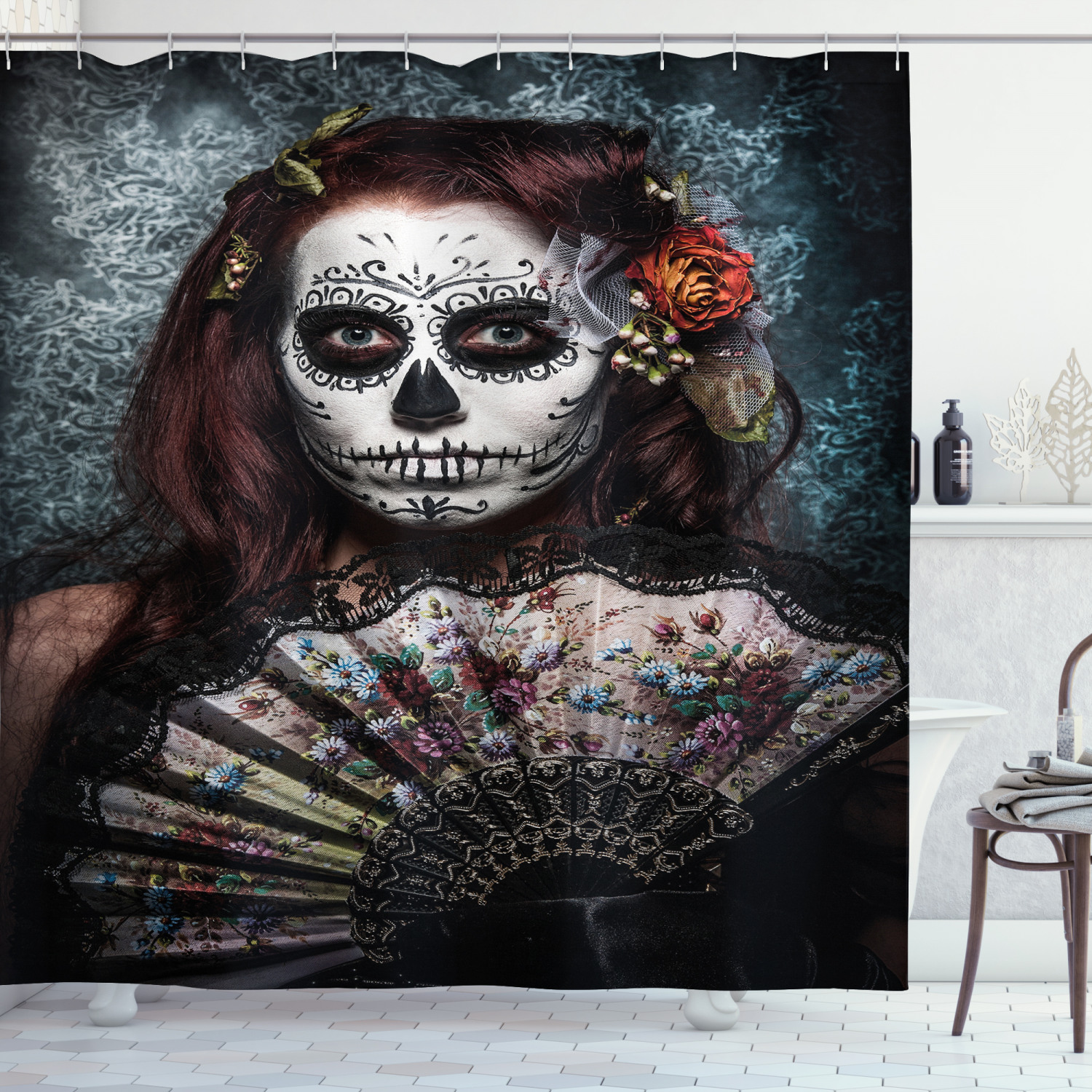 Festive Skull Scary Mask Shower Curtain Print In Black For Bathroom Decoration