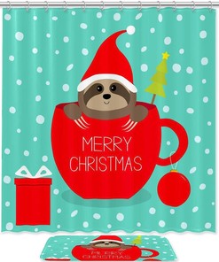 Festive Sloth with Christmas Hat Shower Curtain, Fun and Charming Bathroom Decor 