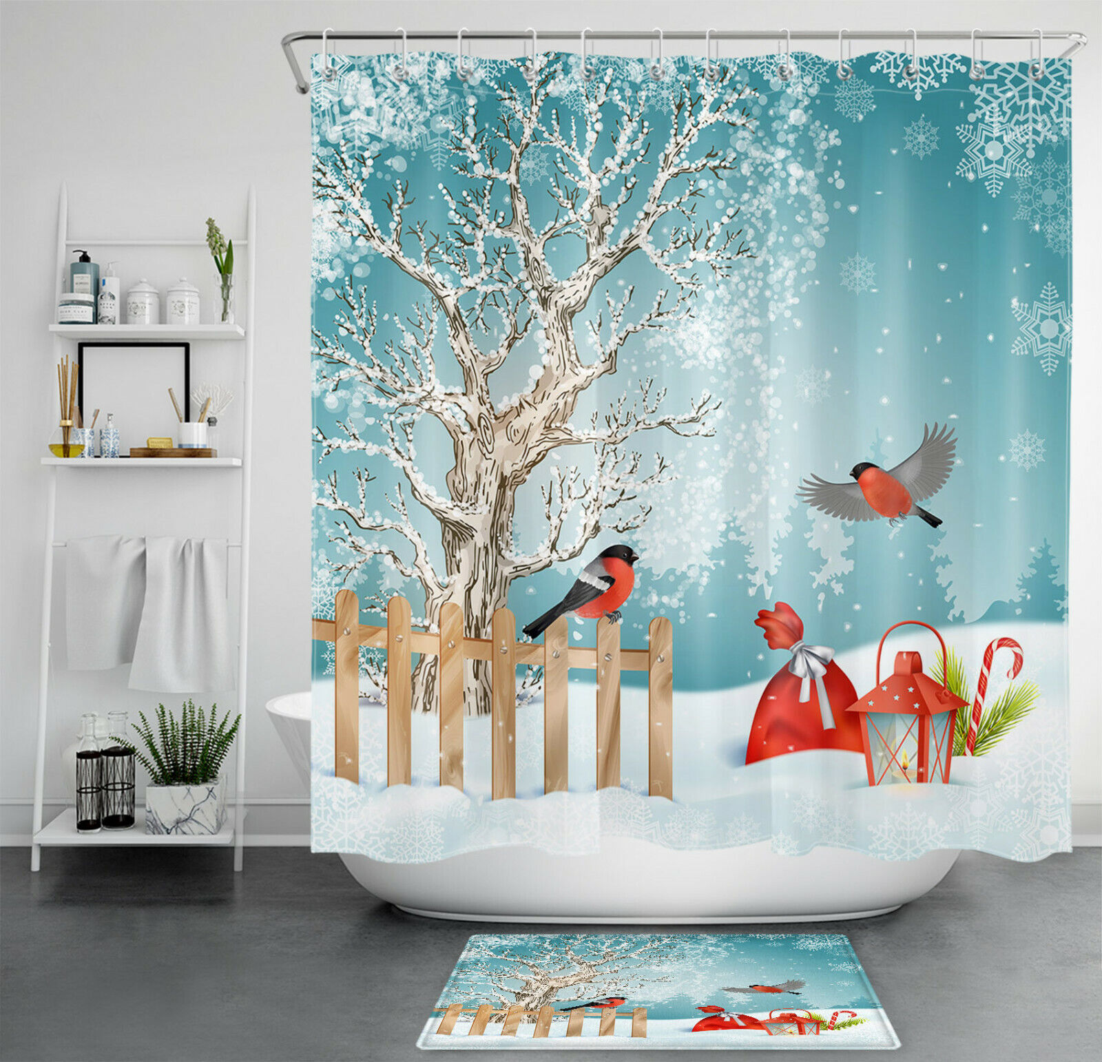 Festive Tree and Cardinal Print Christmas Gifts Shower Curtain for Bathroom Decor