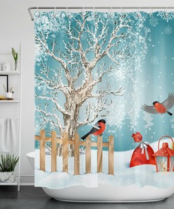 Festive Tree and Cardinal Print Christmas Gifts Shower Curtain for Bathroom Decor