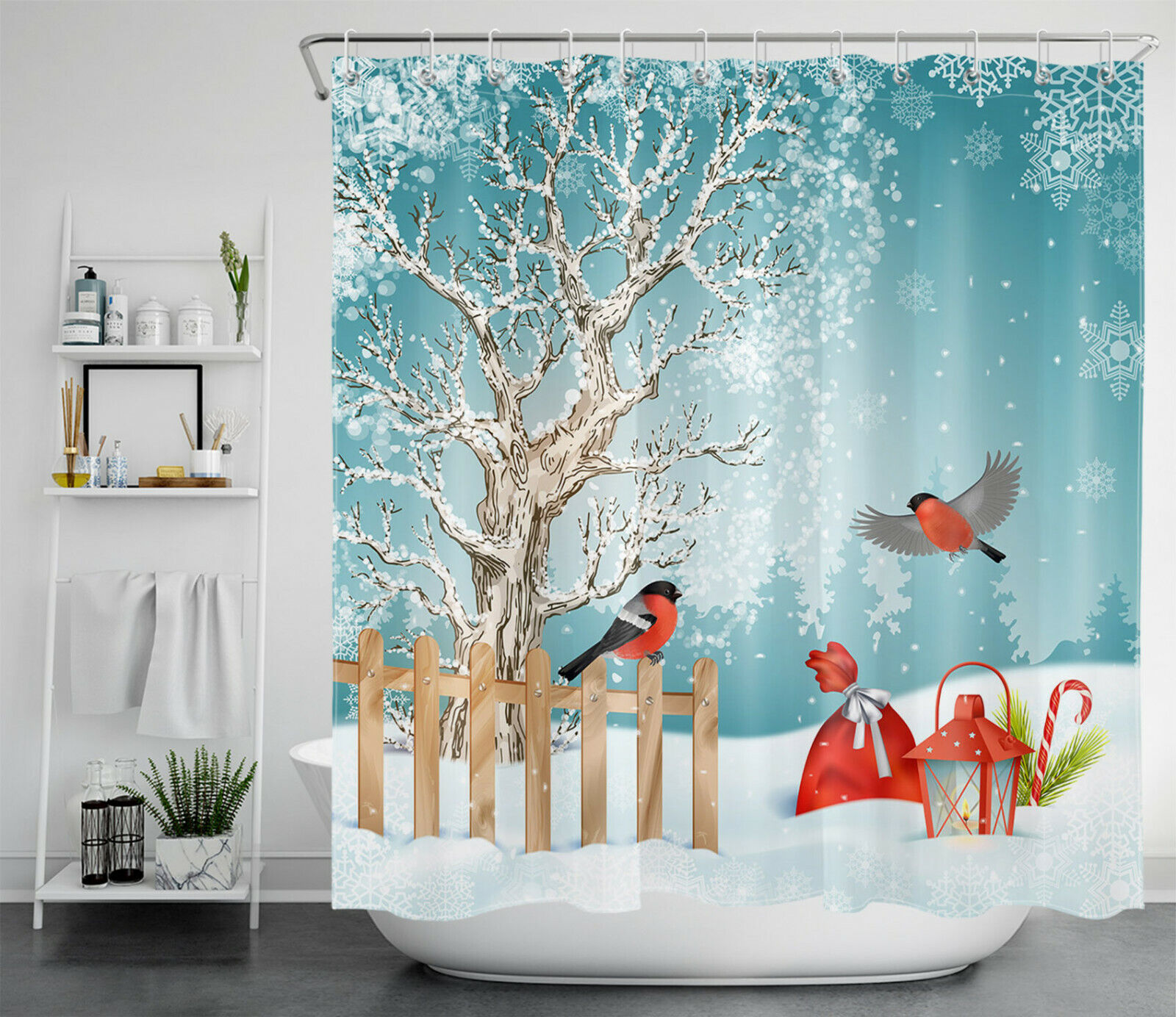 Festive Tree and Cardinal Print Christmas Gifts Shower Curtain for Bathroom Decor