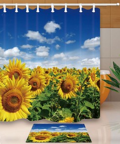 Field Of Blooming Sunflowers Blue Sky Waterproof Fabric Shower Curtain For Charming Bathroom Decor