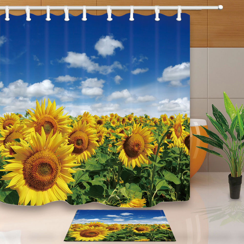 Field Of Blooming Sunflowers Blue Sky Waterproof Fabric Shower Curtain For Charming Bathroom Decor