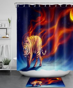 Fiery Tiger Fury Fire Flames Shower Curtain for Intense Bathroom Decor