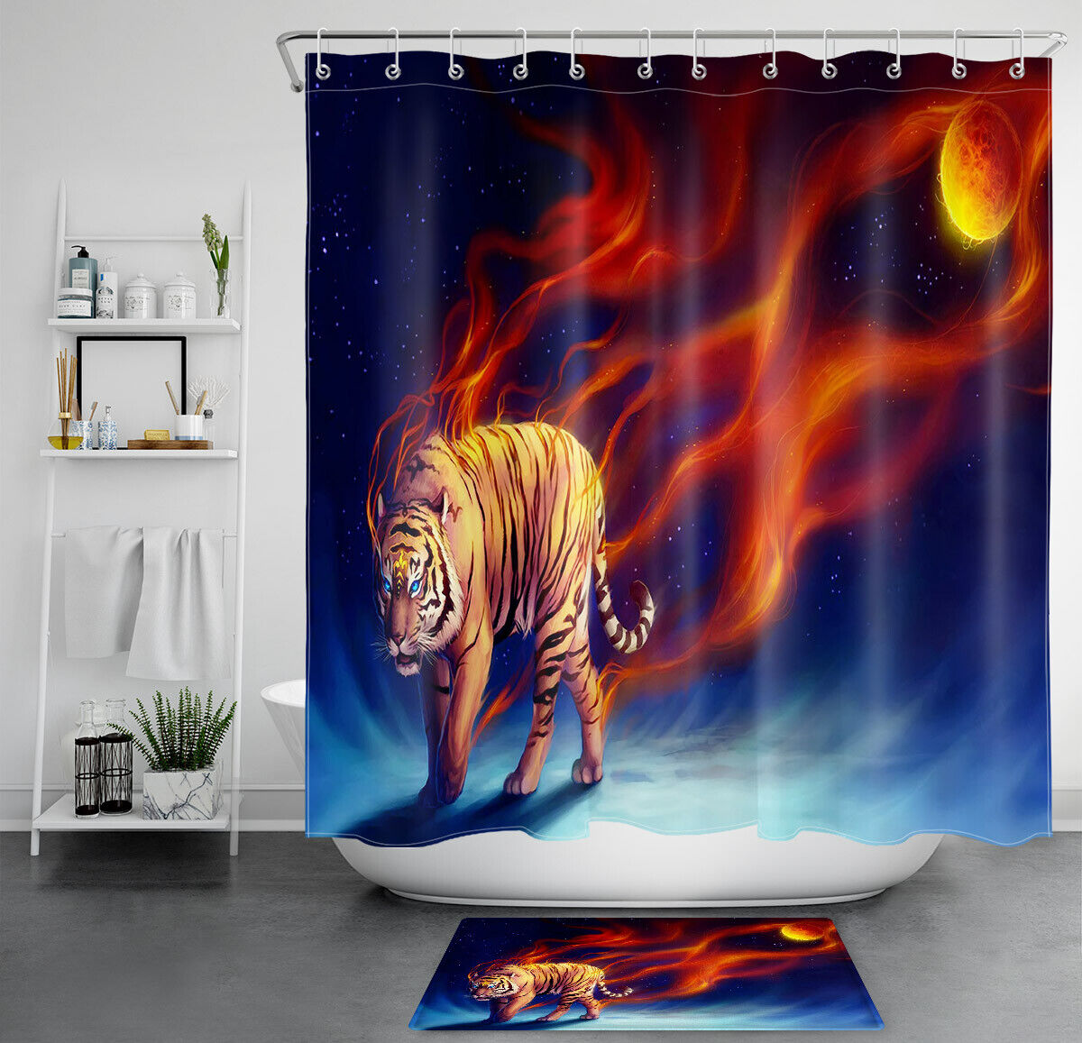 Fiery Tiger Fury Fire Flames Shower Curtain for Intense Bathroom Decor