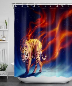 Fiery Tiger Fury Fire Flames Shower Curtain for Intense Bathroom Decor