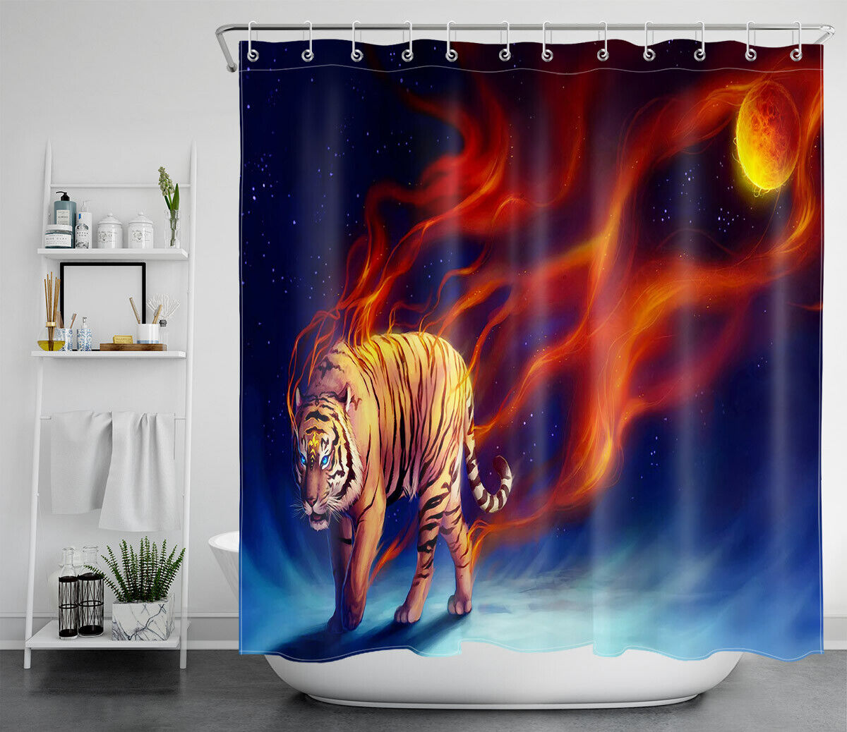 Fiery Tiger Fury Fire Flames Shower Curtain for Intense Bathroom Decor