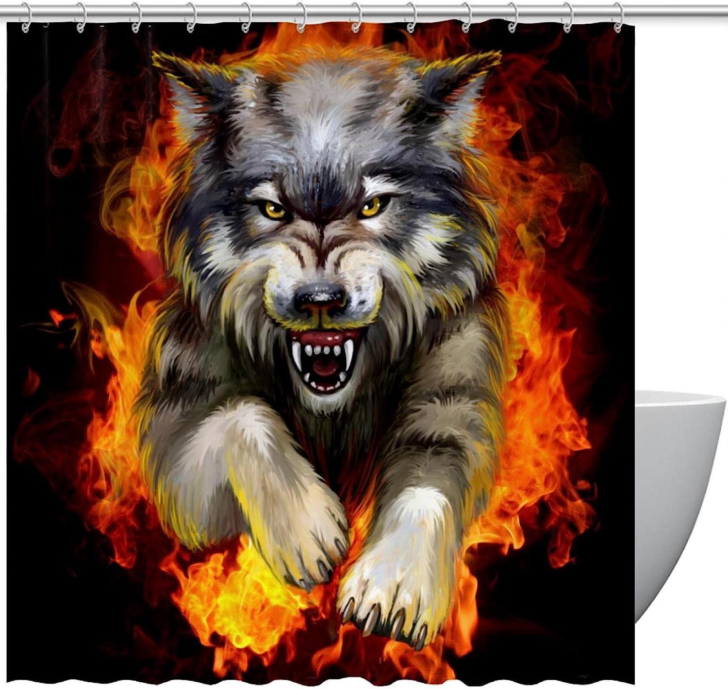 Fiery Wolf Shower Curtain with Animal Print for Cabin Bathroom Decor