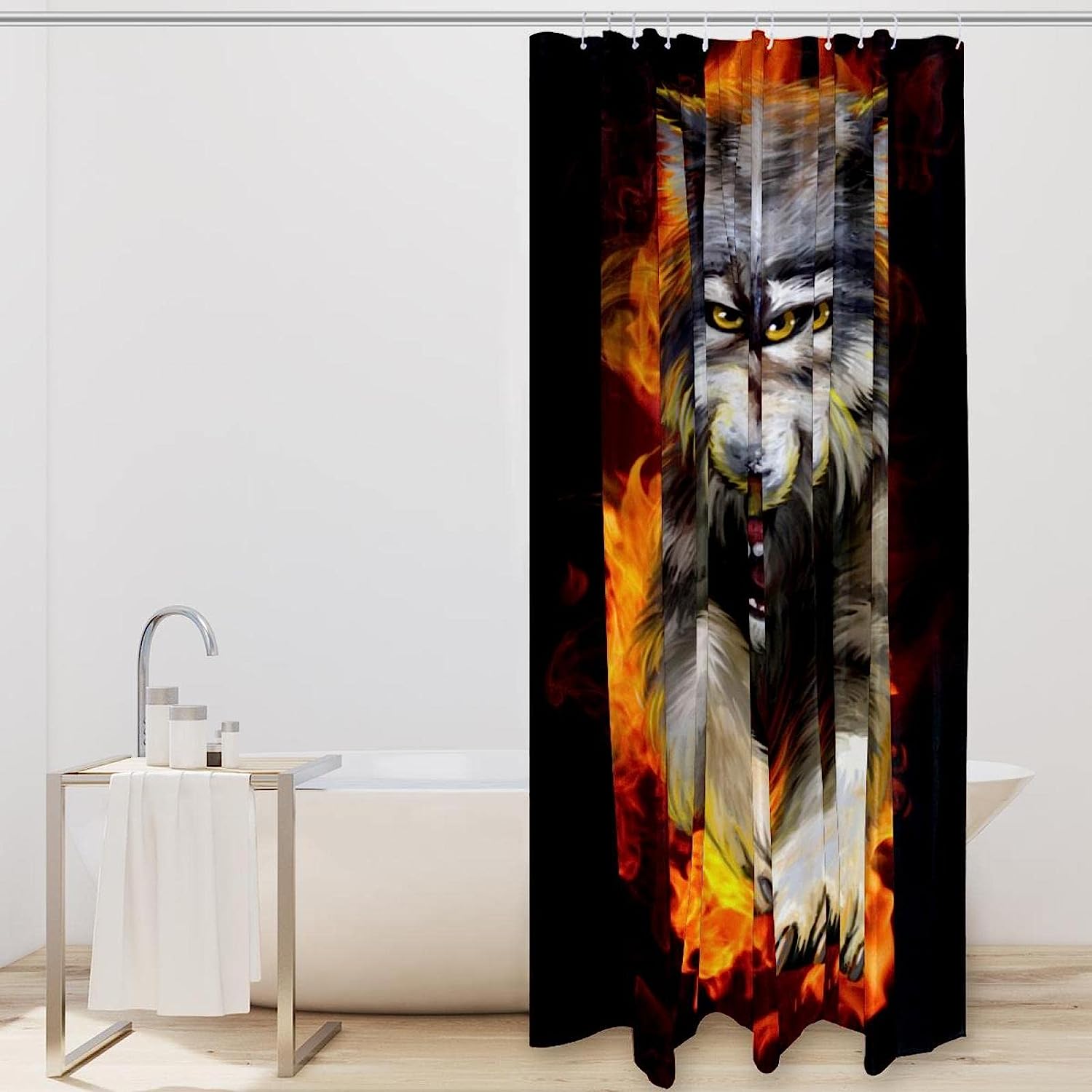 Fiery Wolf Shower Curtain with Animal Print for Cabin Bathroom Decor