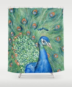 Fine Art Peacock Painting Shower Curtain - Modern Vibrant Bathroom Decor