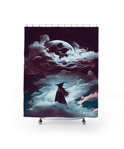 Fine Art Victorian Shower Curtain with Moon and Witch Print for Bathroom Decor 