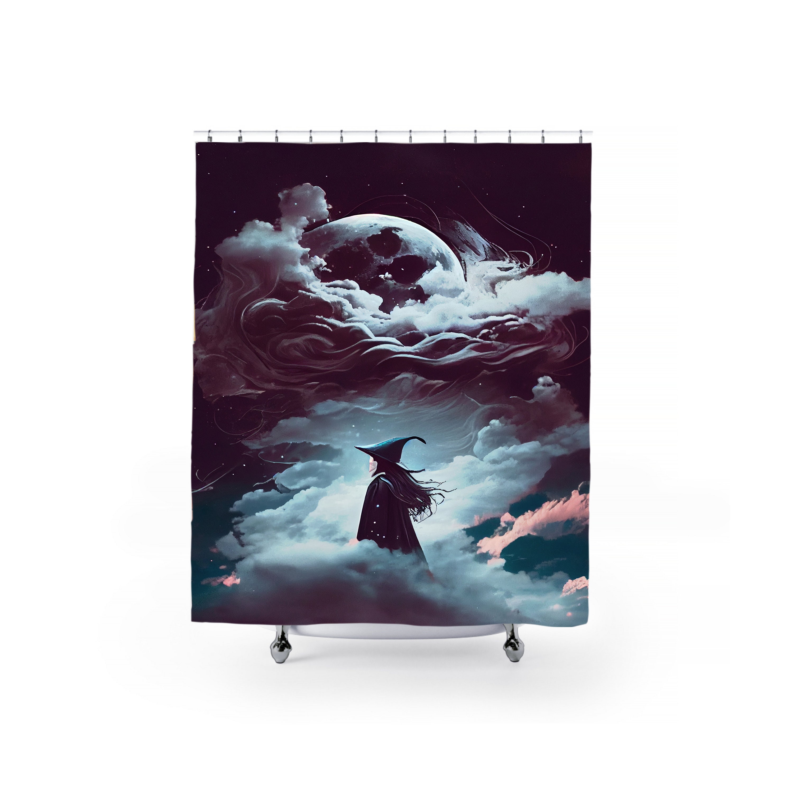 Fine Art Victorian Shower Curtain with Moon and Witch Print for Bathroom Decor
