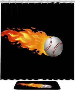 Fire Baseball Print Waterproof Shower Curtain For Sports Fans Bathroom