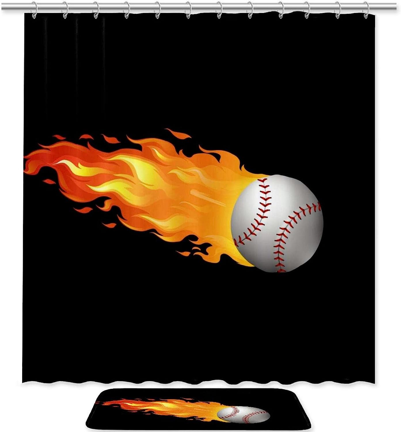 Fire Baseball Print Waterproof Shower Curtain For Sports Fans Bathroom