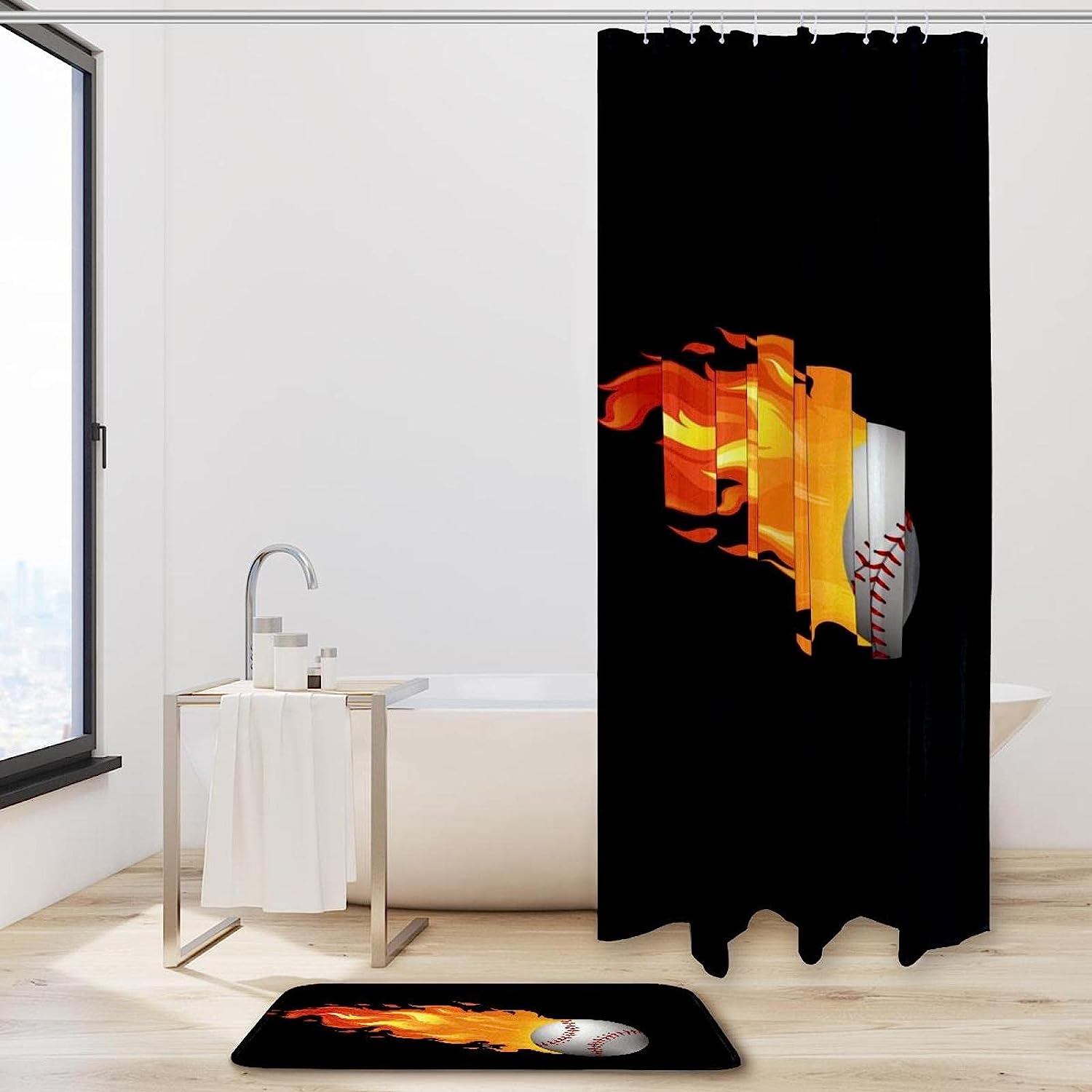 Fire Baseball Print Waterproof Shower Curtain For Sports Fans Bathroom