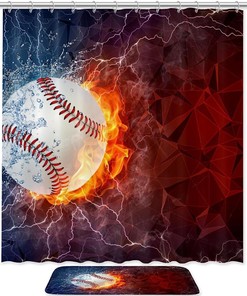 Fire Baseball Sport Ball Waterproof Shower Curtain For Sports Fans Bathroom