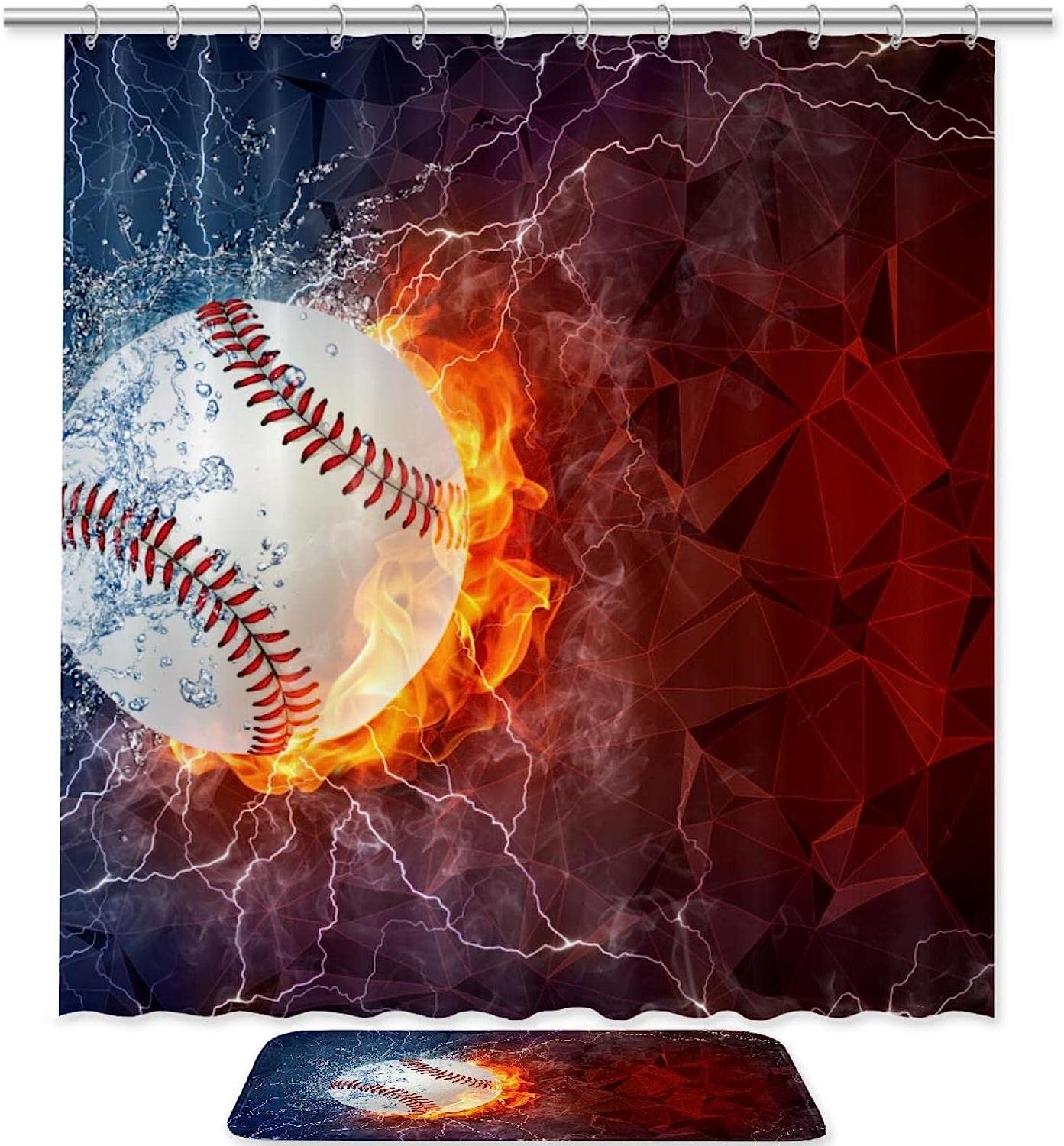 Fire Baseball Sport Ball Waterproof Shower Curtain For Sports Fans Bathroom