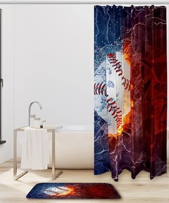 Fire Baseball Sport Ball Waterproof Shower Curtain For Sports Fans Bathroom