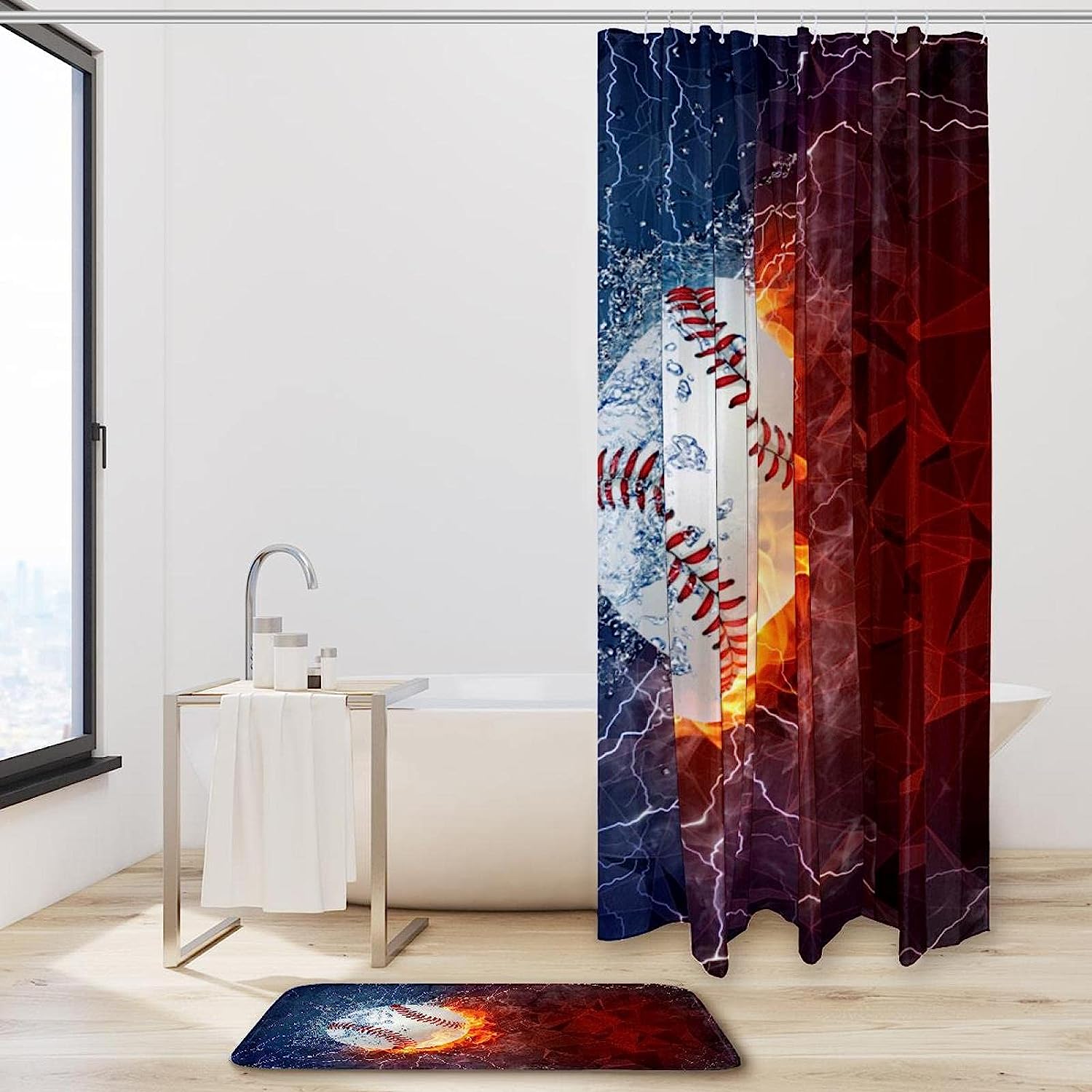 Fire Baseball Sport Ball Waterproof Shower Curtain For Sports Fans Bathroom