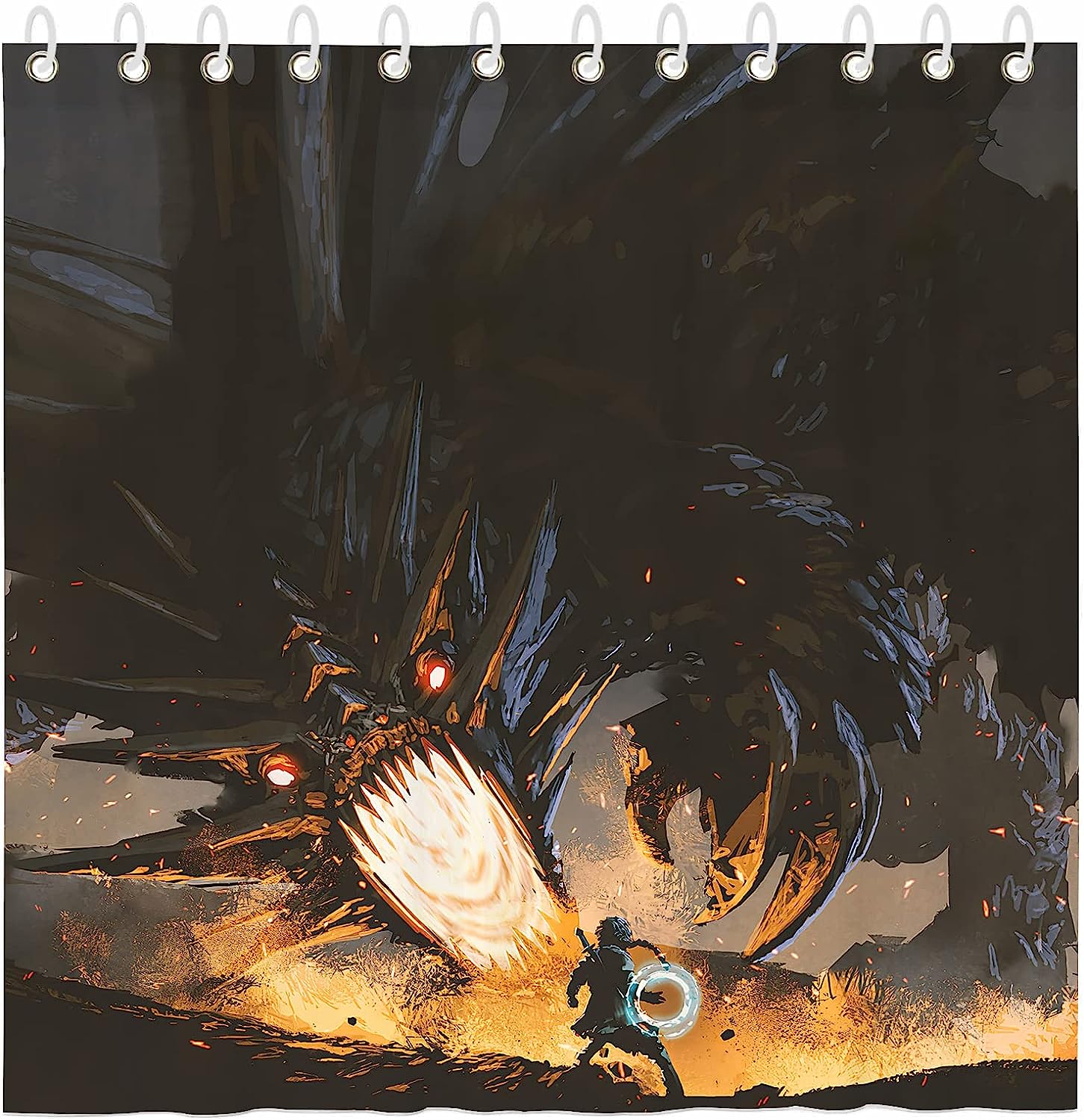 Fire Dragon Fantasy Wizard Magic Black Print Fabric Shower Curtain