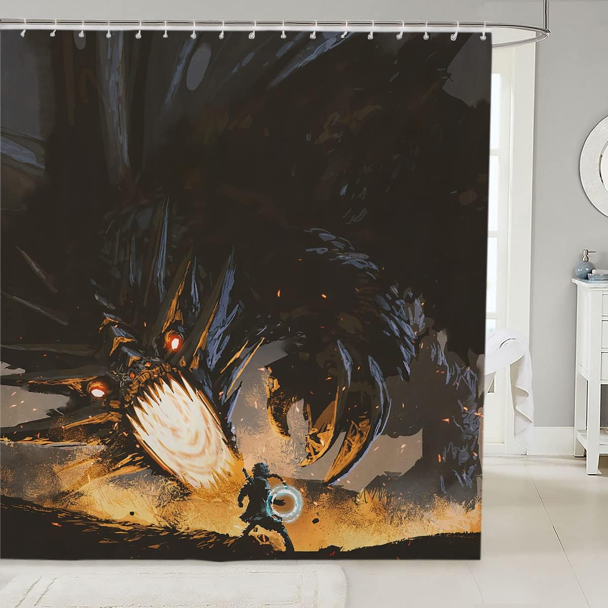 Fire Dragon Fantasy Wizard Magic Black Print Fabric Shower Curtain