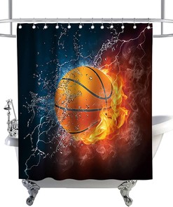Fire Flame Splashing Basketball Print Shower Curtain- Kids Bathroom Sports Decor Collections Waterproof Washable