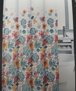 Fireworks Floral Shower Curtain by Nicole Miller with Coral and Green Flowers
