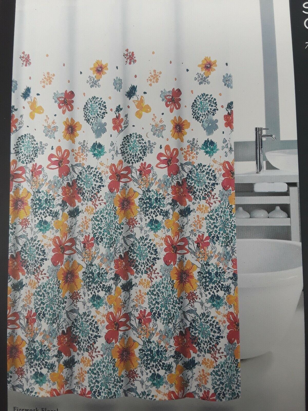 Fireworks Floral Shower Curtain by Nicole Miller with Coral and Green Flowers
